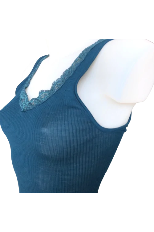 Camiseta sin mangas plisada lana seda hombro ancho escote encaje EGI 1488 moda invierno - LADYC