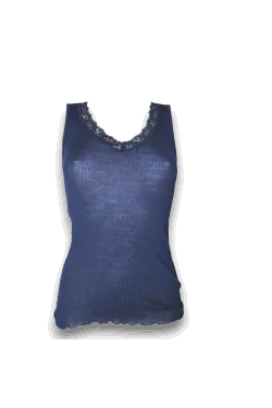 Wool silk pleated tank top wide shoulder lace neckline EGI 1488 winter fashion - LADYC