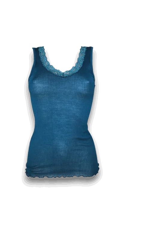 Camiseta sin mangas plisada lana seda hombro ancho escote encaje EGI 1488 moda invierno - LADYC