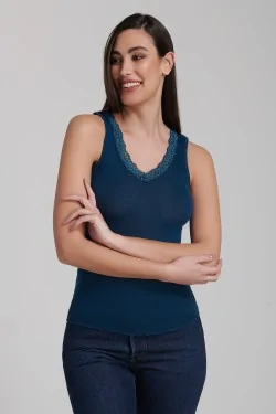 Plissee-Tanktop aus Wolle und Seide mit weitem Schulterausschnitt und Spitzenausschnitt EGI 1488 Wintermode - LADYC