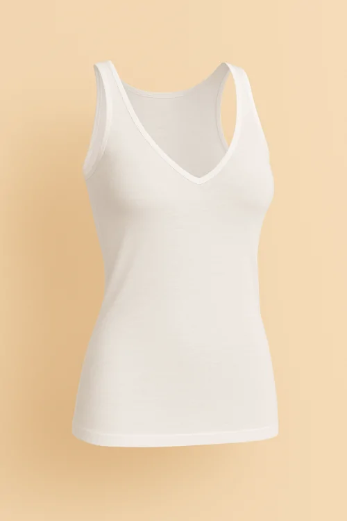 Débardeur femme à épaules moyennes avec col en V et bords en satin