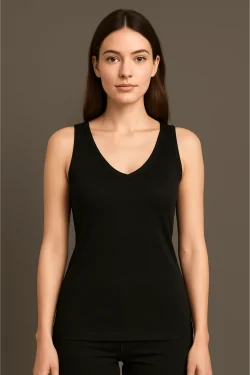 Camiseta de tirantes para mujer con hombros medios, escote en pico y bordes de satén