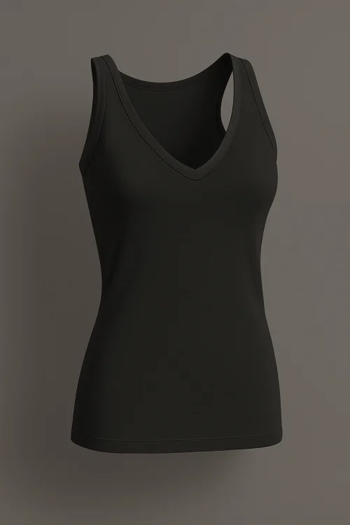Camiseta de tirantes para mujer con hombros medios, escote en pico y bordes de satén