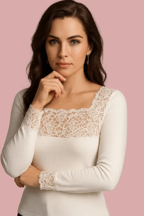 Women's wool cotton sweater with elastic lace