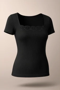 Pull femme à manches courtes en laine et viscose avec dentelle