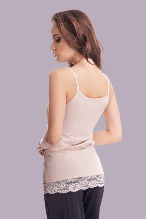 Débardeur long femme en coton modal avec fine bretelle et dentelle en bas