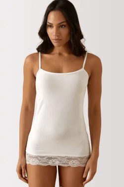Débardeur long femme en coton modal avec fine bretelle et dentelle en bas
