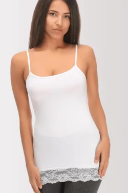 Débardeur long femme en coton modal avec fine bretelle et dentelle en bas