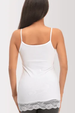 Débardeur long femme en coton modal avec fine bretelle et dentelle en bas
