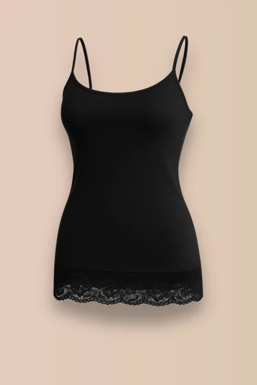 Débardeur long femme en coton modal avec fine bretelle et dentelle en bas