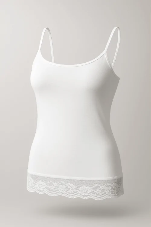 Débardeur long femme en coton modal avec fine bretelle et dentelle en bas