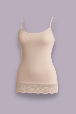 Débardeur long femme en coton modal avec fine bretelle et dentelle en bas