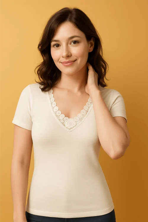 Women's wool blend sweater with macramé lace