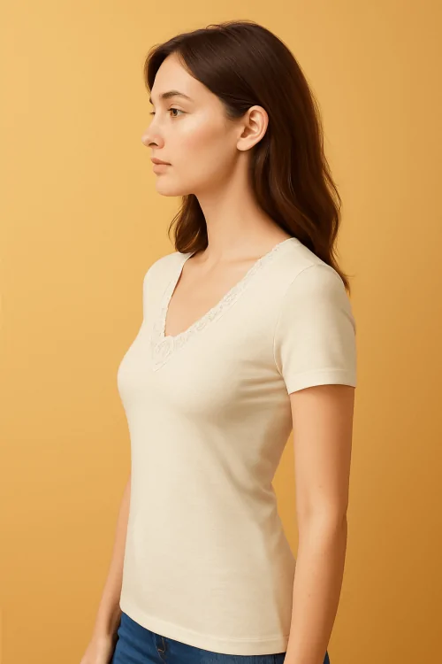 Wool Blend Short Sleeve Sweater with Lace – Style and Warmth