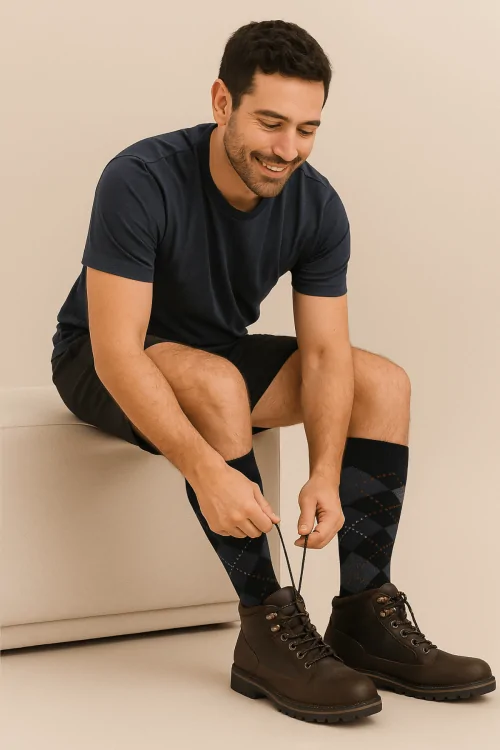 Calcetines largos para hombre de algodón cálido con estampado de rombos (3 pares)