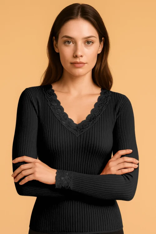 Pull côtelé pour femme avec dentelle plissée