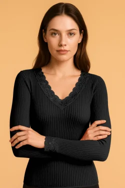 Pull côtelé pour femme avec dentelle plissée