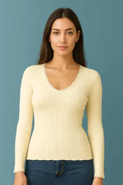 Suéter de canalé con escote profundo para mujer