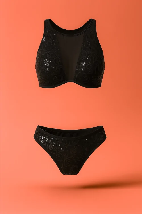 Conjunto de lentejuelas negras: top + brasilera sexy