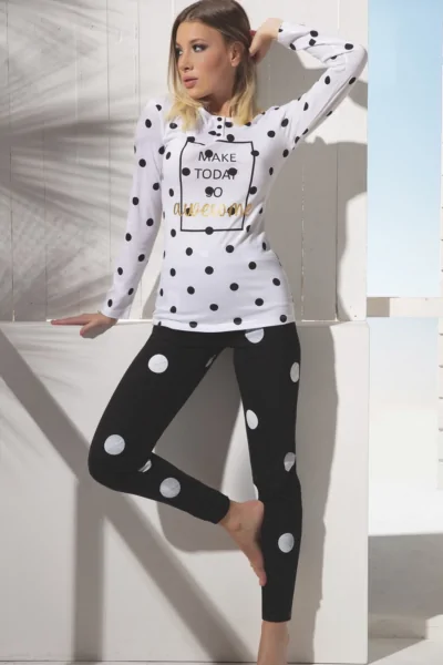 Pyjama long femme 100 % coton - Pois contrastés