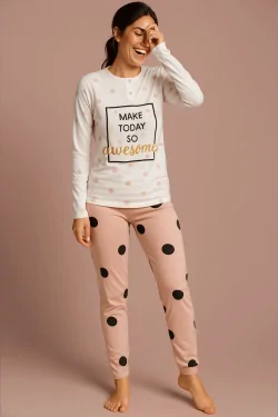 100% COTONE - Pigiama Donna Lungo – Pois a Contrasto