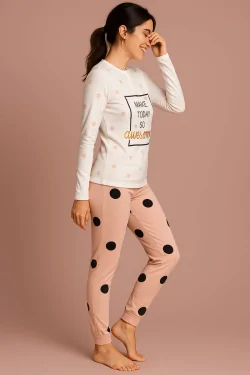 100% Cotton - Women's Long Pajamas - Contrast Polka Dots