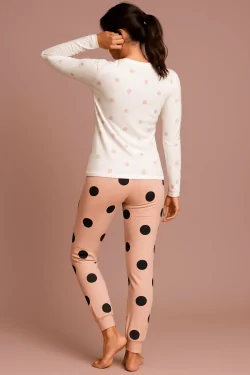 100% Cotton - Women's Long Pajamas - Contrast Polka Dots