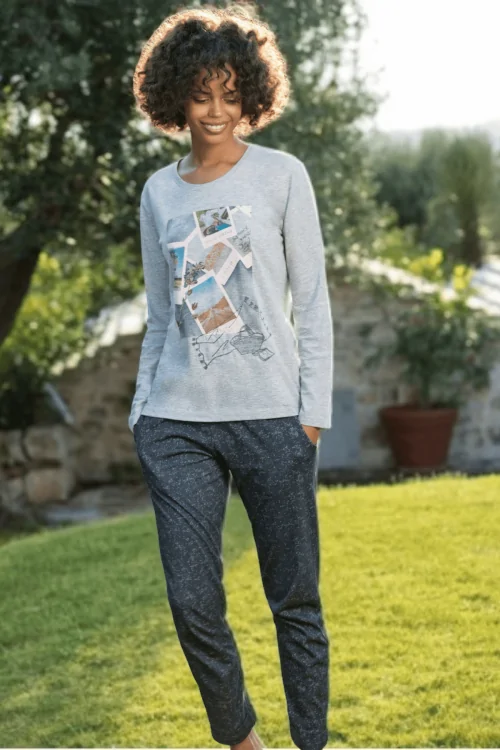 Pigiama donna primaverile stampa fotografica – grigio o bianco