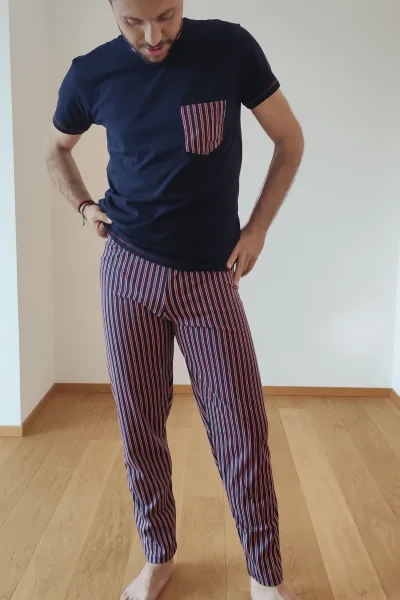 Pyjama d'été en coton pour homme – rayures rouges et t-shirt – 3 pièces en un