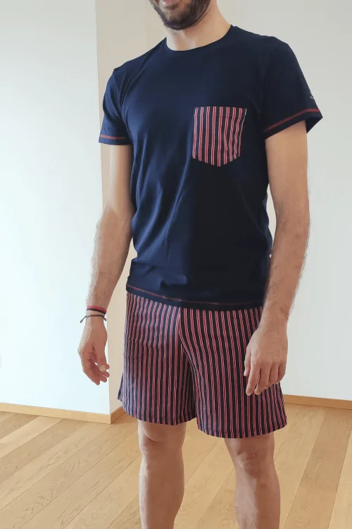 Pigiama uomo cotone estivo – righe rosse e t-shirt - 3 pezzi in uno