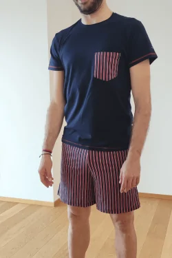 Pyjama d'été en coton pour homme – rayures rouges et t-shirt – 3 pièces en un