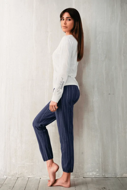 JERSEY DE COTON BROSSÉ CARBONE - Pyjama Henley à manches longues avec pantalon à rayures