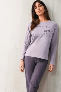 JERSEY DE COTON BROSSÉ CARBONE - Pyjama ras du cou avec poche et imprimé JADEA