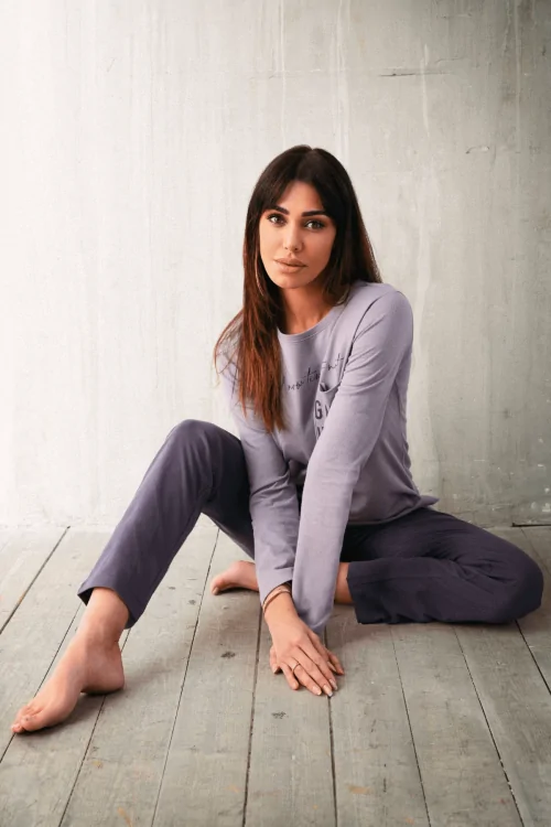 JERSEY DE COTON BROSSÉ CARBONE - Pyjama ras du cou avec poche et imprimé JADEA