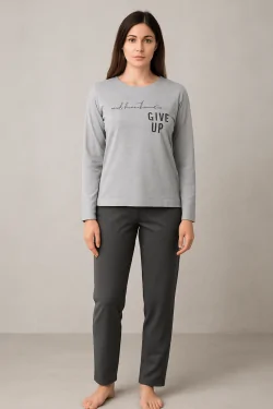 JERSEY DE COTON BROSSÉ CARBONE - Pyjama ras du cou avec poche et imprimé JADEA