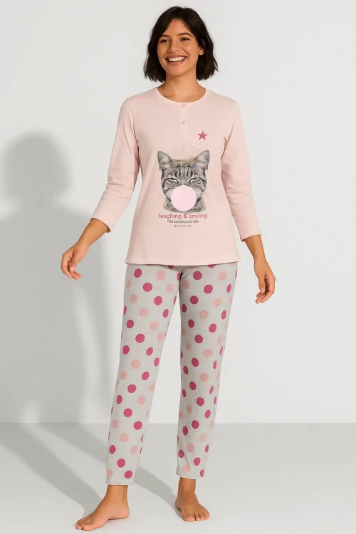 Damen-Baumwollpyjama mit Muster und Punkten – locker sitzend, 100 % Komfort