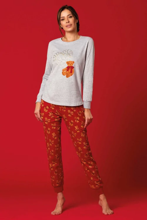 Pijama cálido de mujer con osito de peluche – algodón cepillado