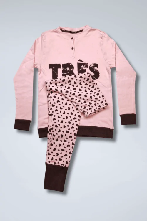 Warmer Damen-Baumwollpyjama – rosa oder grau mit Bündchen