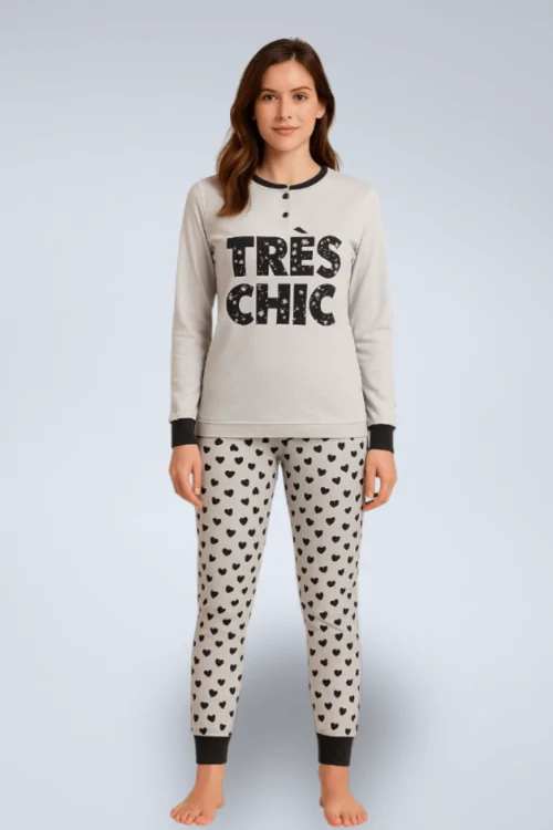 Warmer Damen-Baumwollpyjama – rosa oder grau mit Bündchen