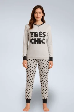 Women's warm cotton pajamas – pink or grey with cuffs