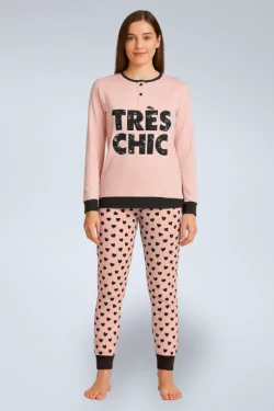 Women's warm cotton pajamas – pink or grey with cuffs
