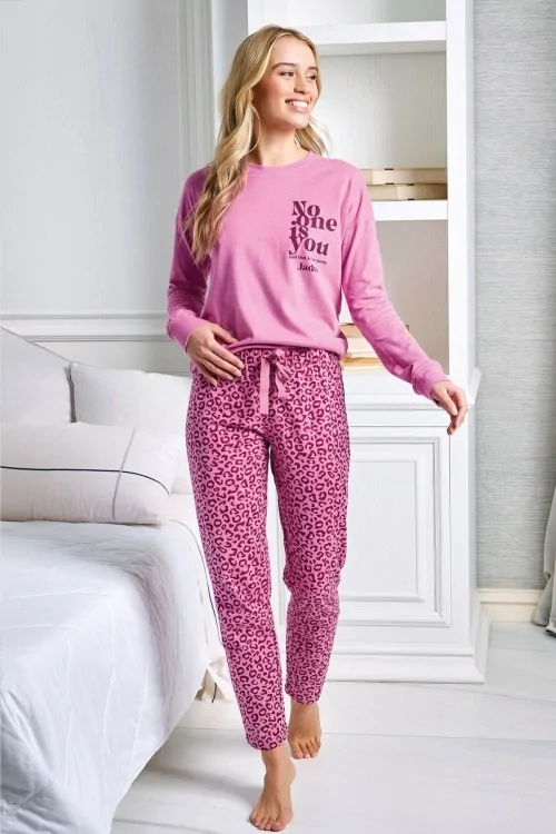 Pijama de algodón para mujer con estampado y pantalón de lunares