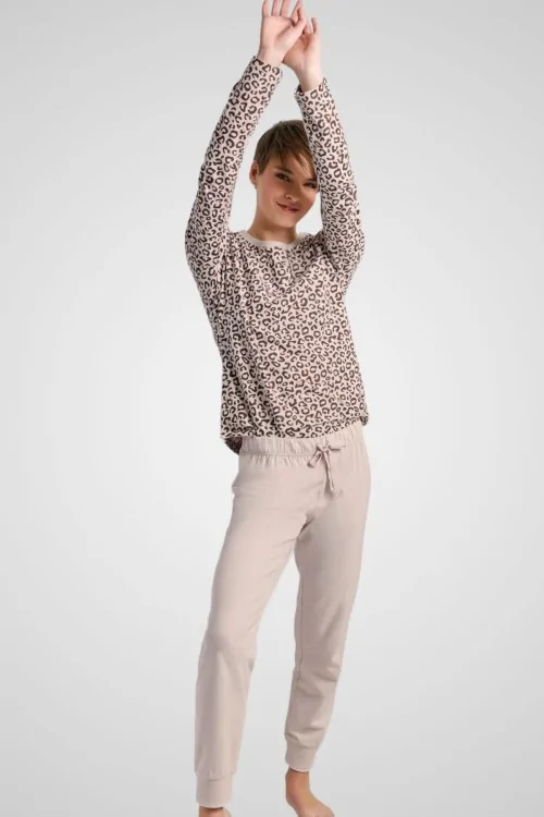 Pigiama donna cotone stampa maculata e pantalone tinta unita