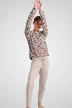 Pigiama donna cotone stampa maculata e pantalone tinta unita
