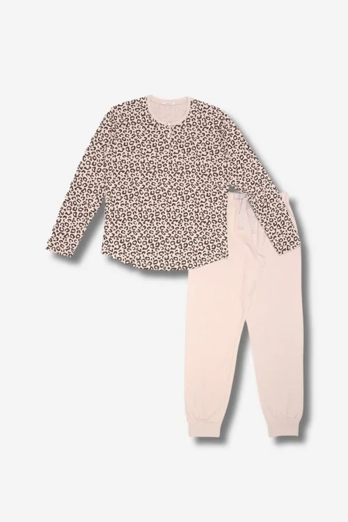 Pigiama donna cotone stampa maculata e pantalone tinta unita