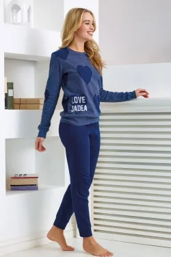 Pigiama donna caldo con stampa cuori e pantaloni morbidi