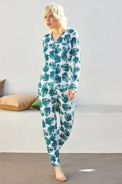 Pijama de algodón sin apretar con estampado de hojas
