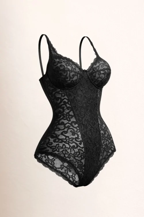 Women's bodysuit in stretch lace with cotton lining
