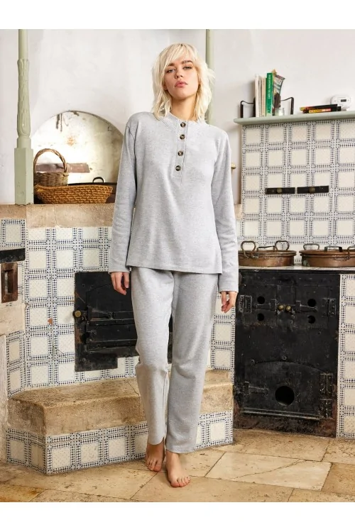 Pyjama en coton chaud à effet piqué et col henley