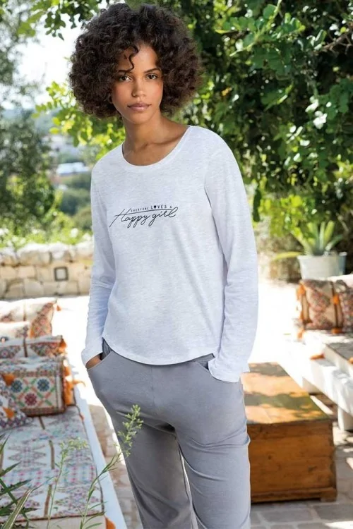 Pigiama Donna Jadea Lungo Melange con Maglia e Pantalone a 4 Tasche